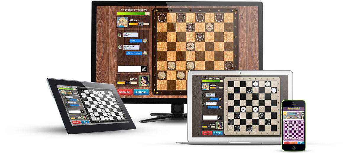 Image showing all the devices where checkers can be played (a mobile phone, a tablet, a laptop and a desktop computer), all with checkers playing on their screens.